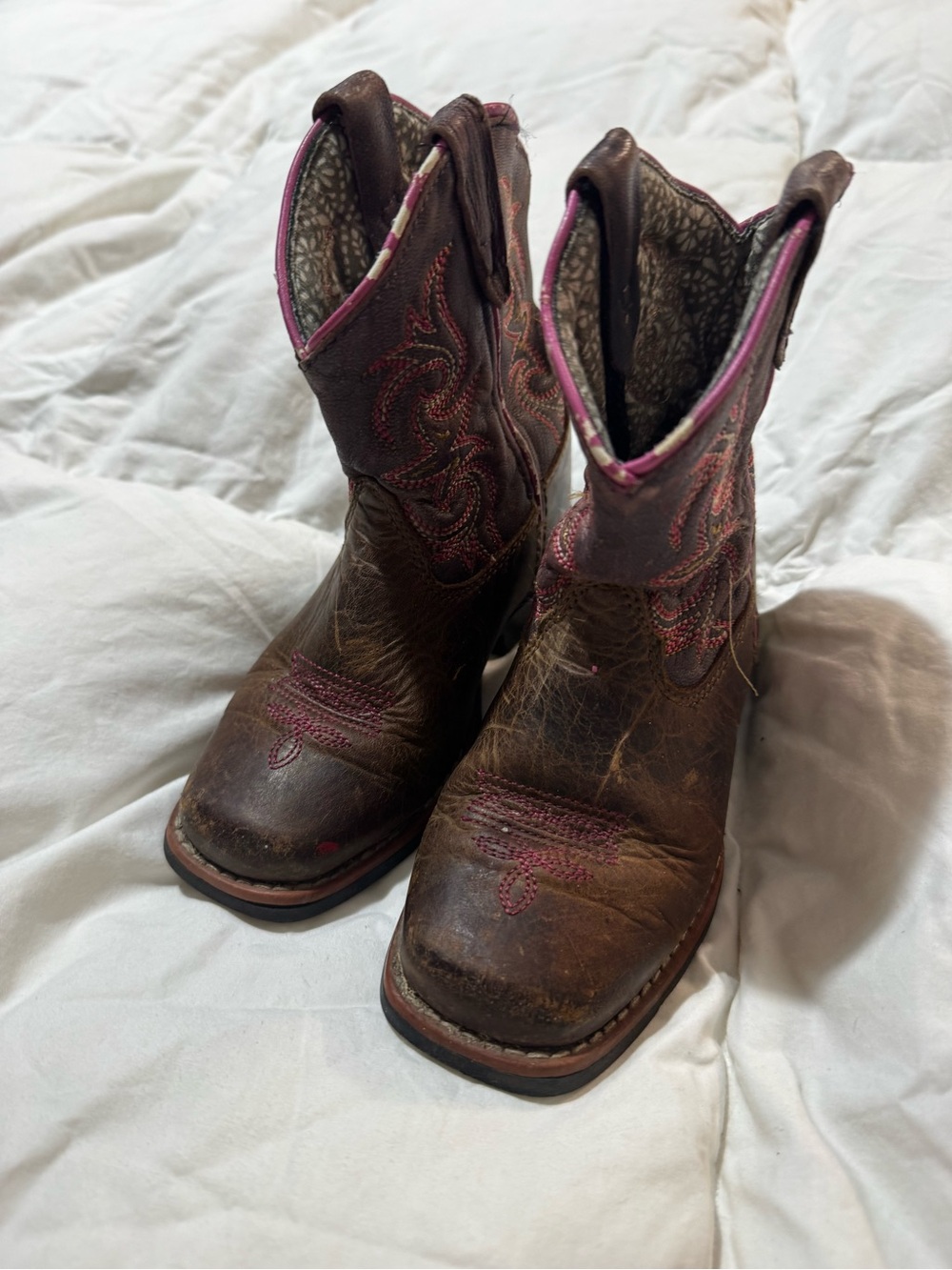 Girls Brown Western Cowboy Boots with Pink Stitching